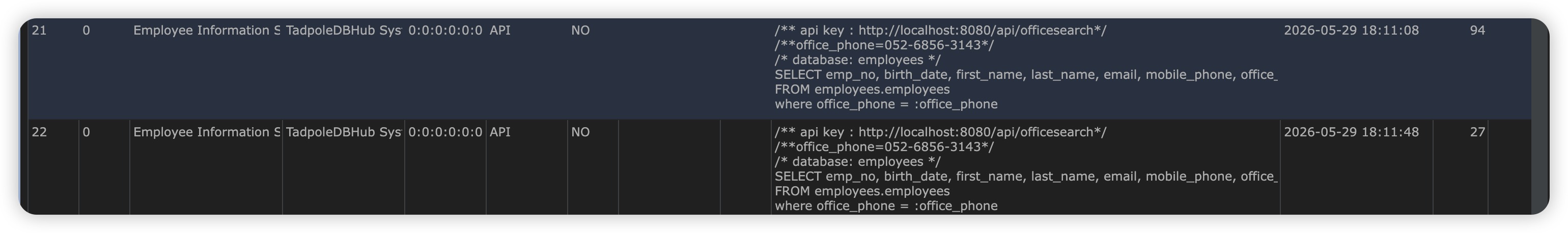 Audit log — API calls recorded with their SQL and timestamp
